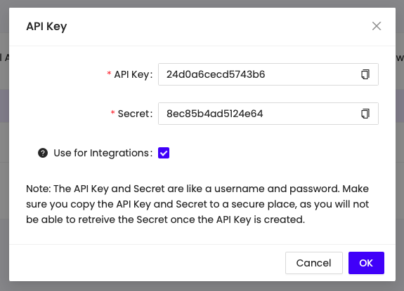 Create API Key modal with Use for integrations