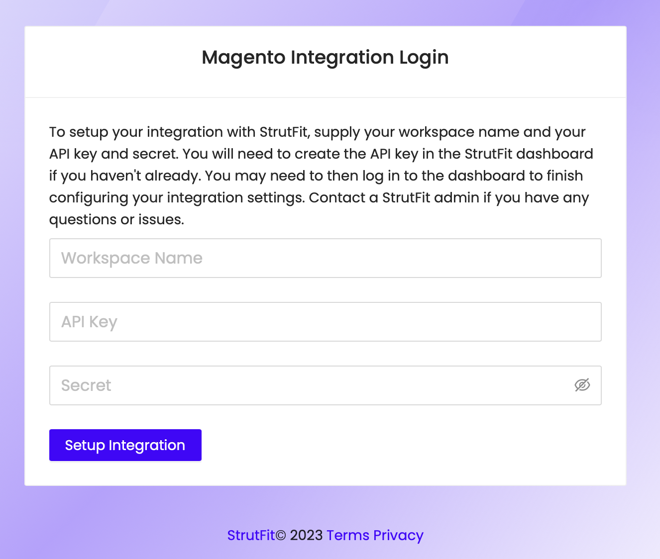 StrutFit Magento Integration login