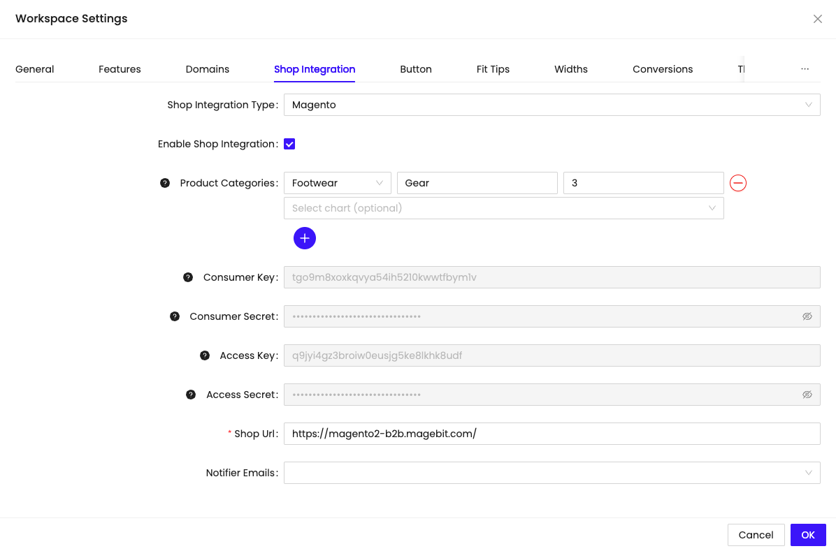 Workspace Shop Integration tab