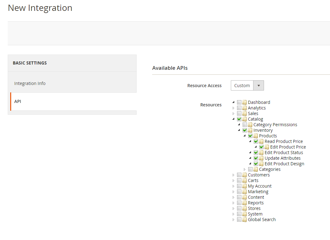 Magento API tab with Products permission