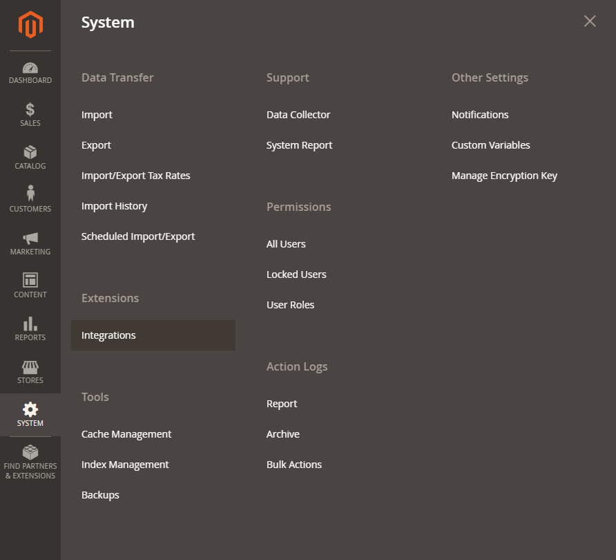Magento System menu and Integrations